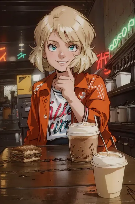 (neon lights,bokeh, depth of field:1.2), 1girl, <lora:may-gsc:1>, may hopkins, red jacket, open jacket, t-shirt, skirts, looking at viewer, smile, short hair, (coffee shop), sitting, table, (looking at viewer:1.2), closed mouth,
 <lora:Andava1e4:0.7>