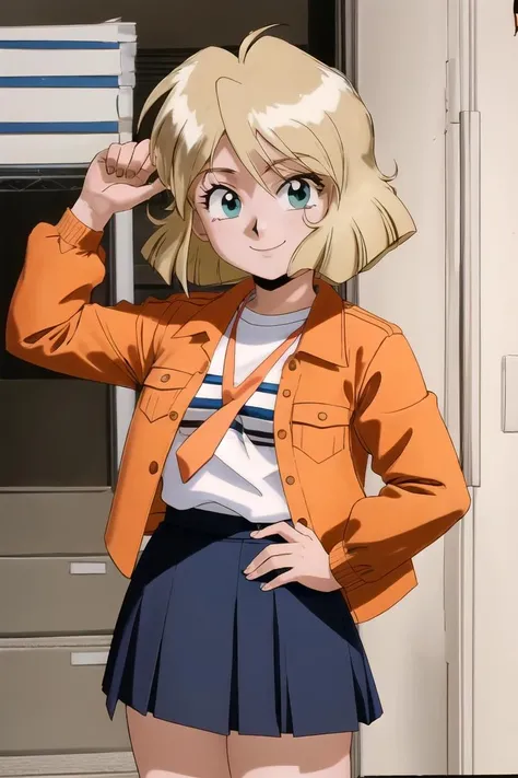 retro artstyle, (((picture perfect))), (absurdres), (portrait picture), 1girl, solo, <lora:may-gsc:0.9>, may hopkins, white shirt, orange necktie, orange skirt, red jacket, looking at viewer, smile, by Sonoda Kenichi, vintage