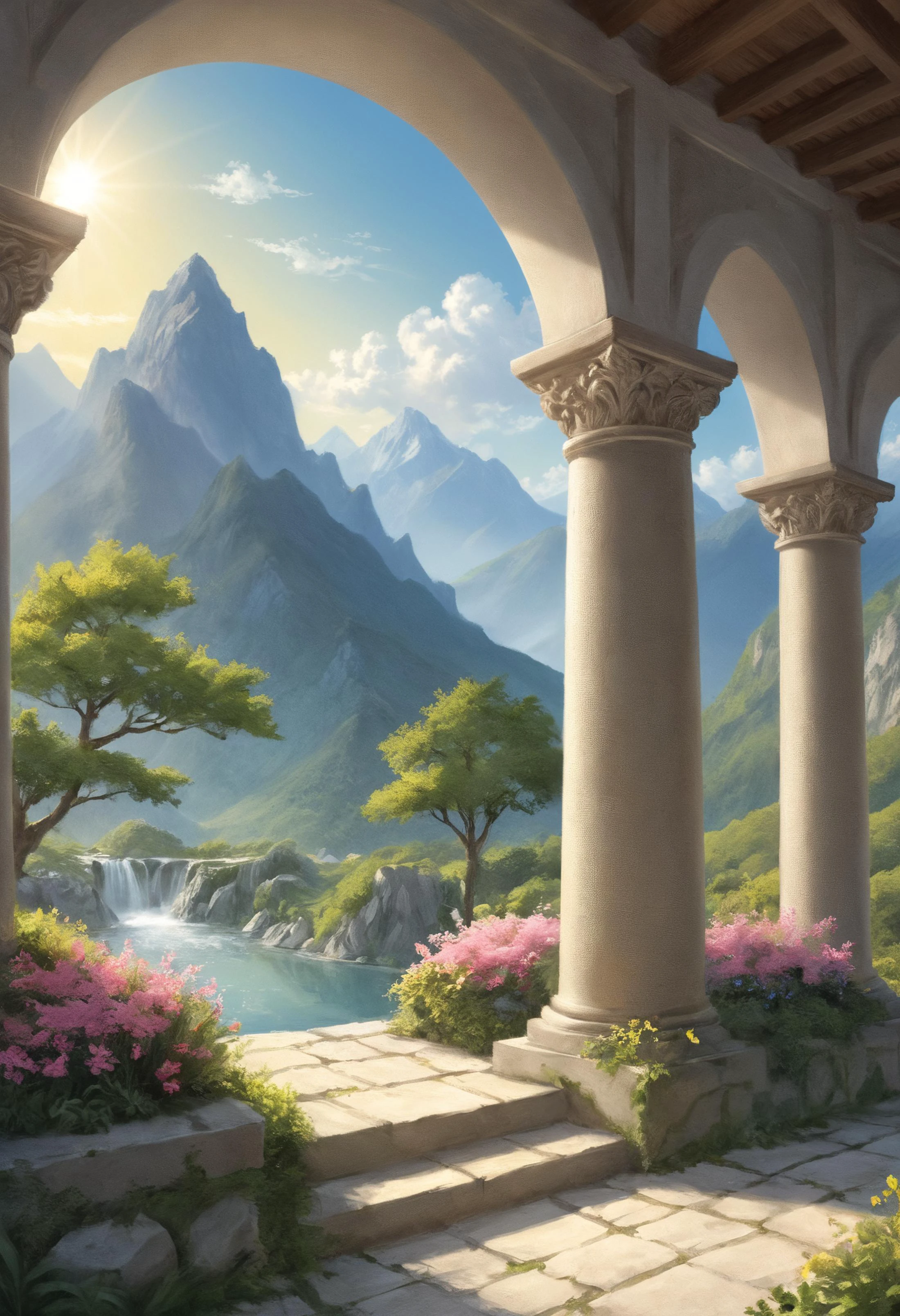 score_9, score_8_up, score_7_up, source_painting flowery garden, stone partitions, ornate designs, atmospheric scenery, sunbeams, distant mountains, no_subject, scenery, landscape