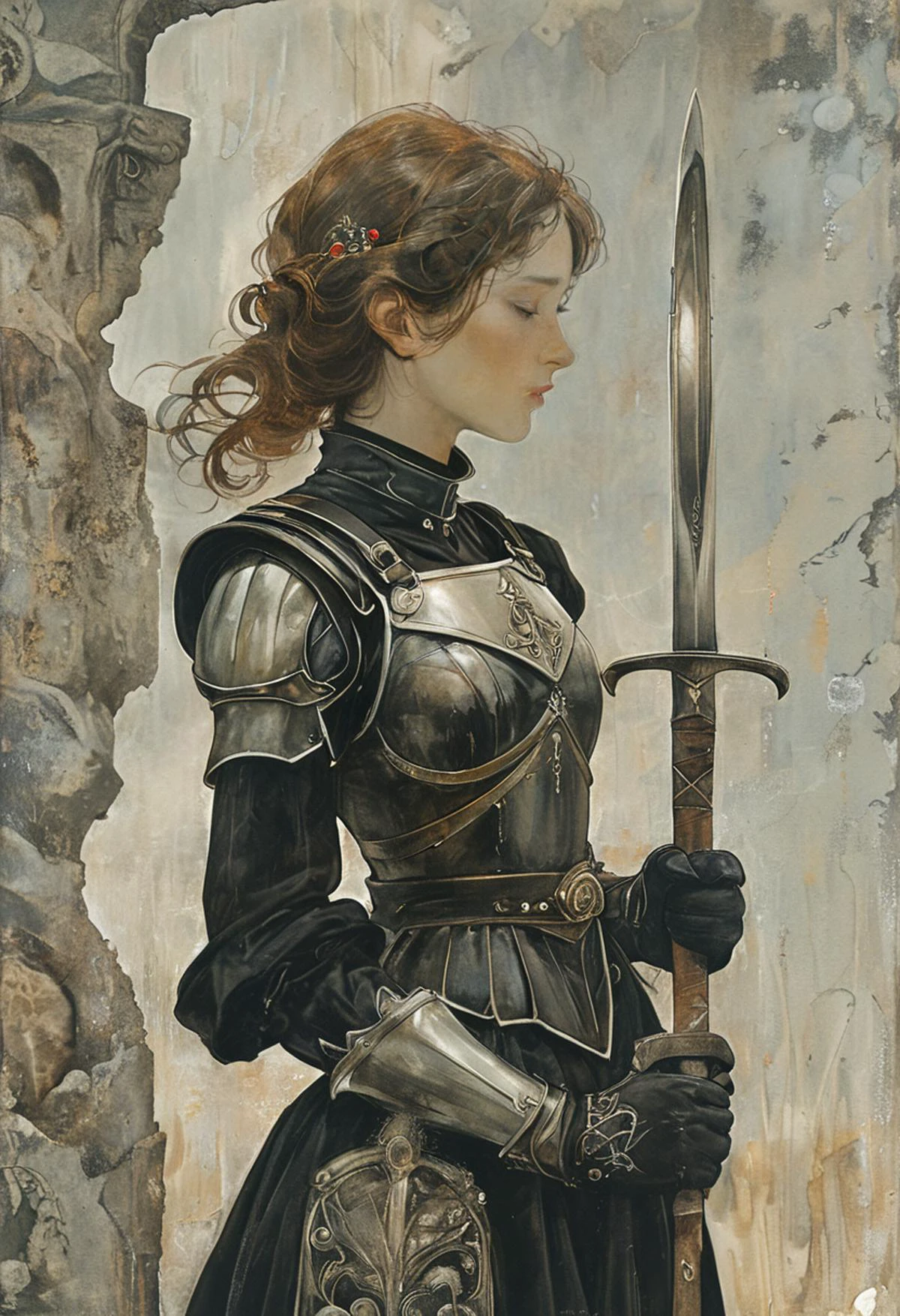 <lora:tbh140-sdxl:1> illustration in the style of Jean Delville, symbolism, adult female, (medieval soldier) wearing Visored helmet with crest, plate armor with fluted detailing, leather belt with silver embellishments, steel gauntlets with engraved designs, steel-plated greaves with decorative etchings, holding War scythe with sharpened blade ,
