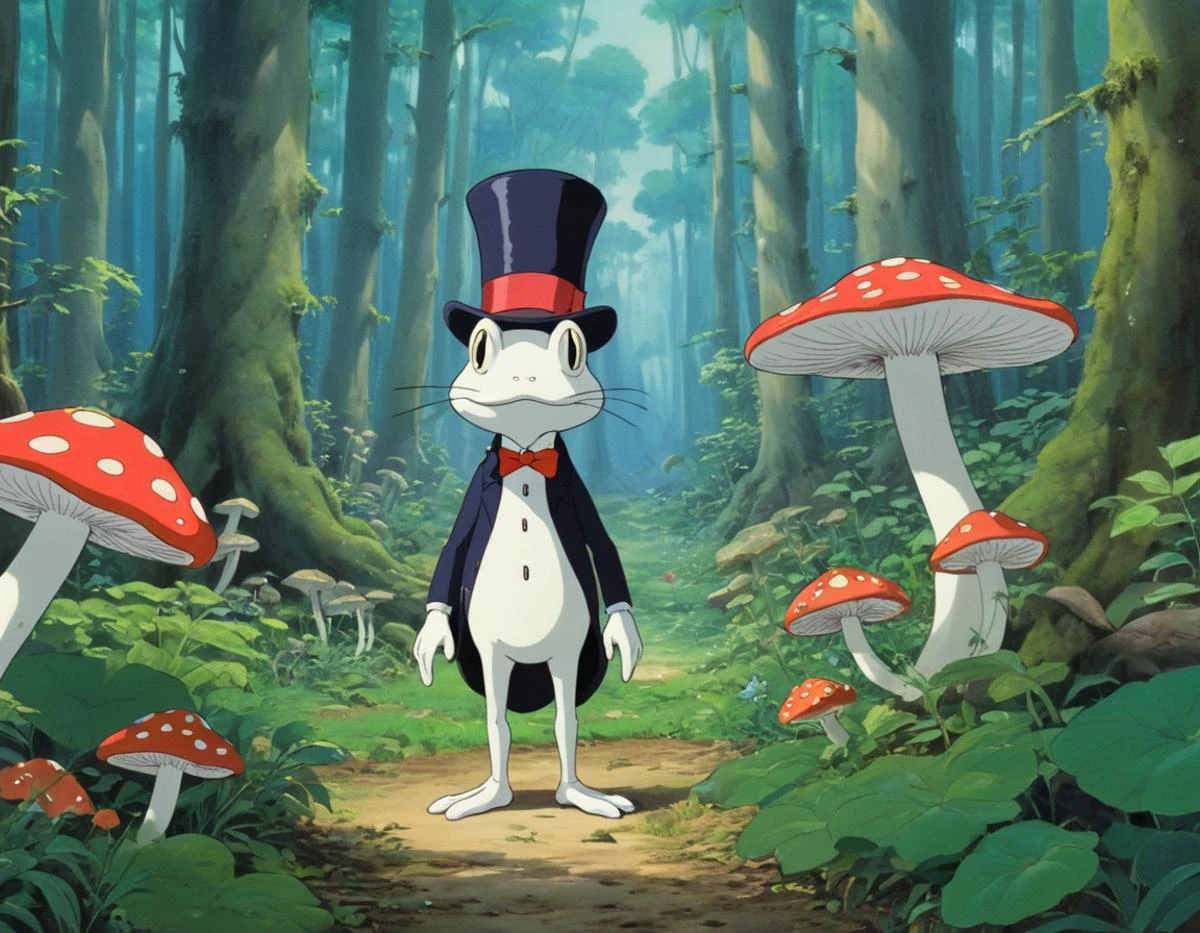 frog man, long frog legs, top hat, standing in a mushroom forest in the style of studio ghibli anime film screengrab 1993, adorable miyazaki cartoon