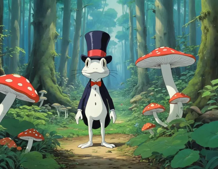 frog man, long frog legs, top hat, standing in a mushroom forest in the style of studio ghibli anime film screengrab 1993, adorable miyazaki cartoon