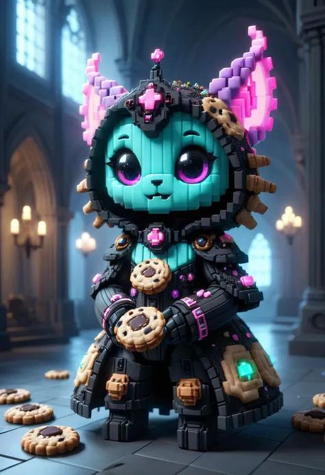 reality-shot, realism, realistic photography of a cute alien lifeform covered with cookies, gothic cathedral, intricate details, ultra sharp, cyberpunk, glowing neon <lora:ral-vxl:0.8> ral-vxl