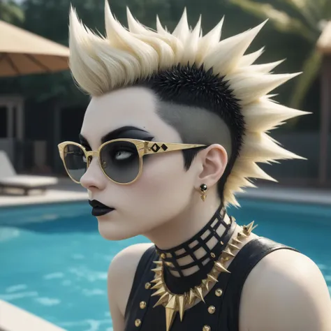 1980's photograph of a beautiful short spiked mohawk haired goth woman stands by the pool, pale with lots of black makeup, gold glasses, stylish, model pose, insanely detailed, depth of field. source_photorealistic, in the style of 1980's fashion, skin detail, photoreal textures, atmospheric and aesthetic