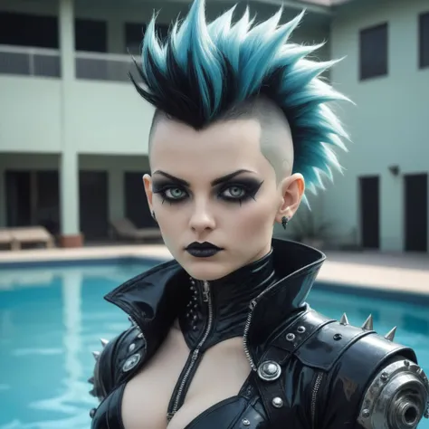 1980's photograph of a beautiful short spiked mohawk haired goth woman stands by the pool, she is a sci-fi space sorceress, she is wearing biomechanical space suit, very badass, stylish, model pose, insanely detailed, depth of field. source_photorealistic, in the style of 1980's fashion, skin detail, photoreal textures, atmospheric and aesthetic, photograph