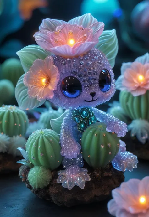 reality-shot, realism, realistic photography of a cute alien lifeform covered with cactus, pirate bay, intricate details, ultra sharp, goa, psychodelic, glowing neon, blacklight ornaments <lora:TQCrytalFlower:1> crystal flower