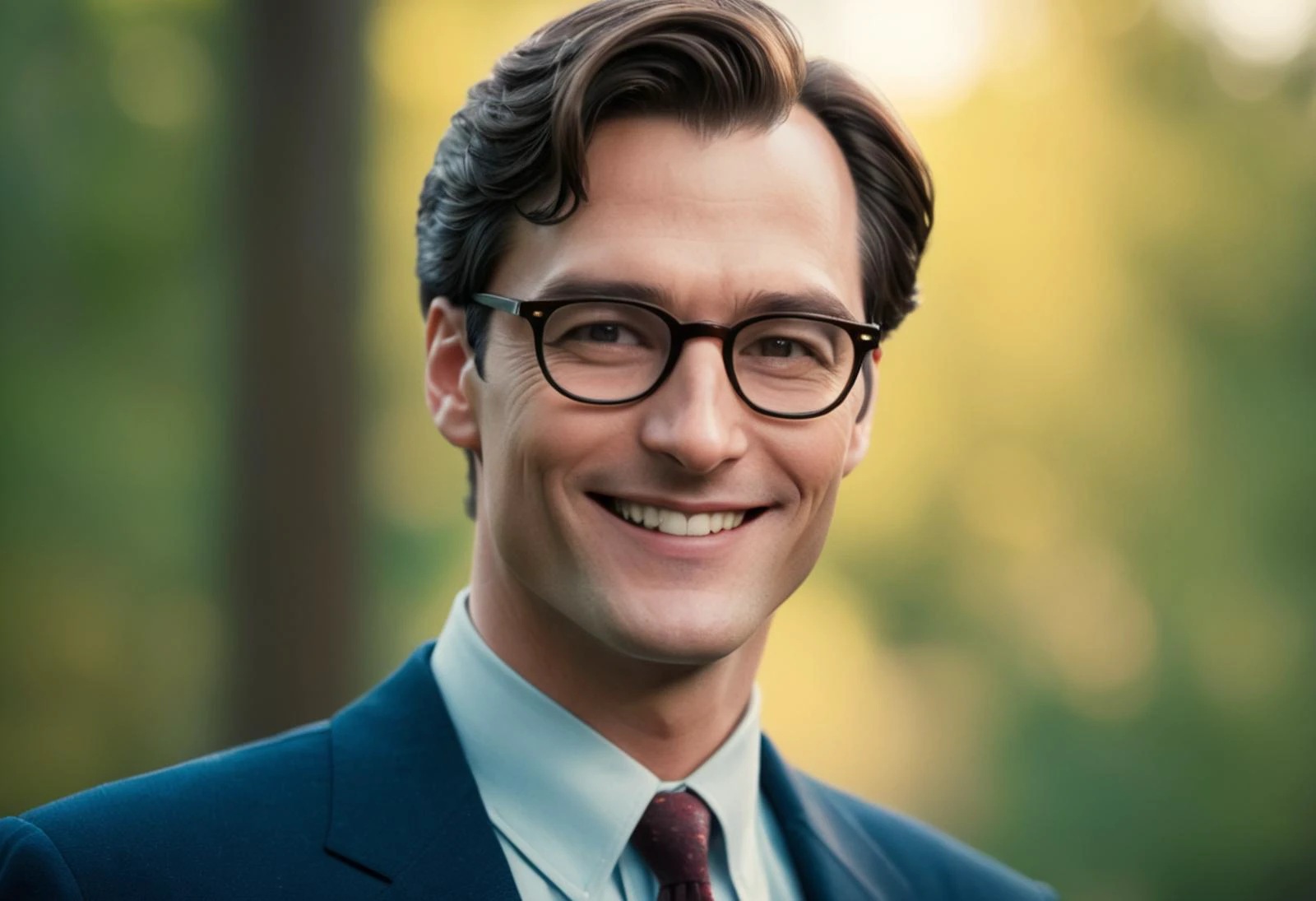 Clark Kent, Photo portrait, insanely detailed, depth of field, Film Filter color grading, stylized, depth of field. portrait, front facing, smiling