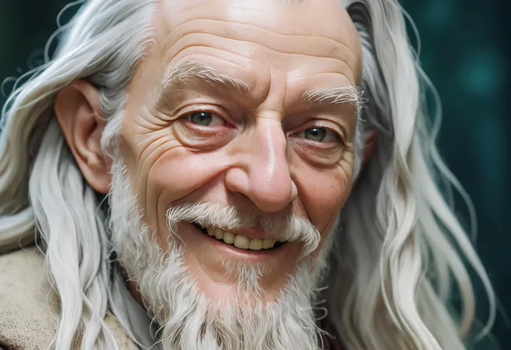 Gandalf the White, Photo portrait, insanely detailed, depth of field, Film Filter color grading, stylized, depth of field. portrait, front facing, smiling