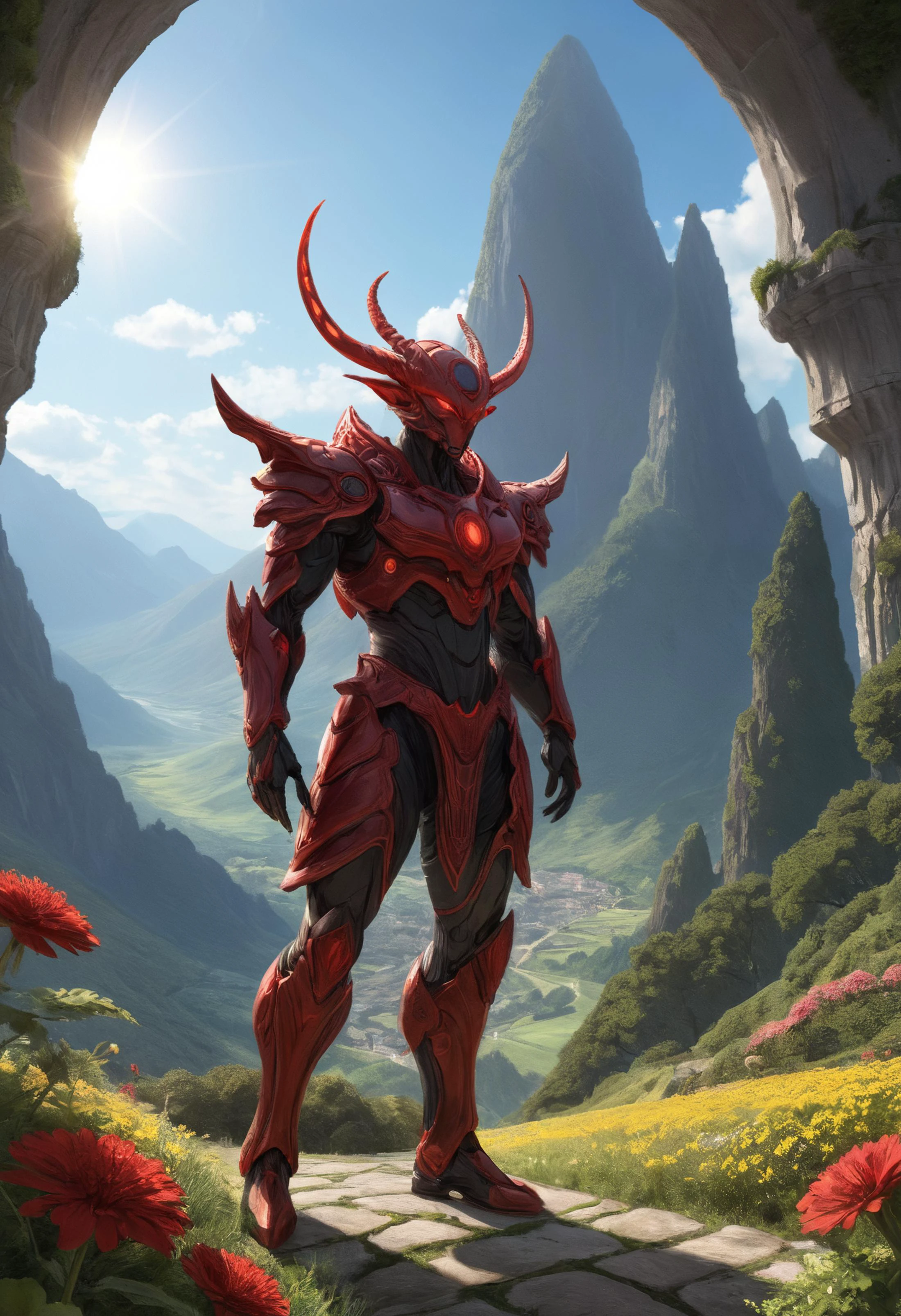 score_9, score_8_up, score_7_up, source_anime, source_comic, vray, illustration, portrait of a male warrior alien with red antennae, flowery garden, stone partitions, ornate designs, atmospheric scenery, sunbeams, distant mountains, scenery, landscape, Tall slender alien with red antennae, large titan sized alien, crisp insane detail, beautiful imagery, high fantasy