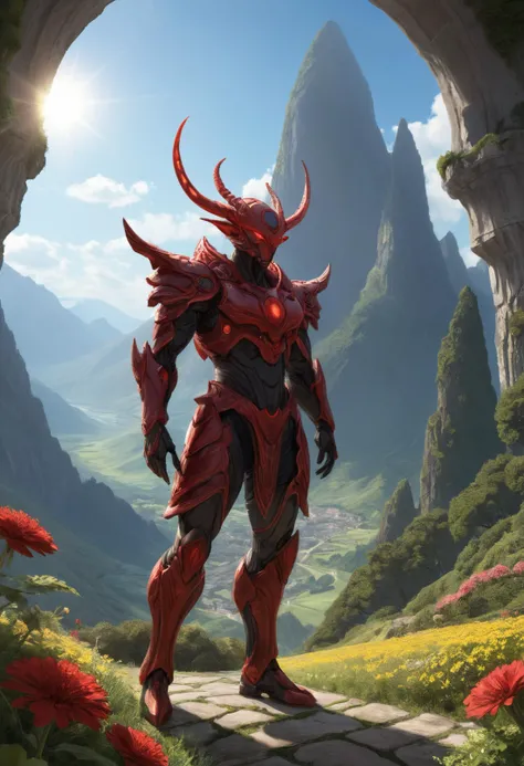 score_9, score_8_up, score_7_up, source_anime, source_comic, vray, illustration, portrait of a male warrior alien with red antennae, flowery garden, stone partitions, ornate designs, atmospheric scenery, sunbeams, distant mountains, scenery, landscape, Tall slender alien with red antennae, large titan sized alien, crisp insane detail, beautiful imagery, high fantasy