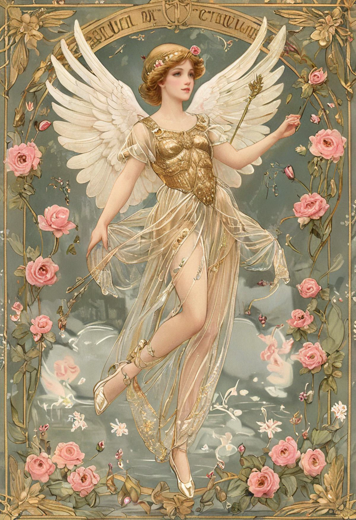 adult female, angel wearing Heavenly gold costume with a sequined bodice, shimmering tulle skirt, wearing a intricately woven crown of lilies and roses, celestial stockings, pink ballet flats, feathered (angel wings), (angel halo), bearing a golden lyre, its music echoing heavenly melodies,<lora:tbh132-sdxl:1> illustration in the style of Walter Crane