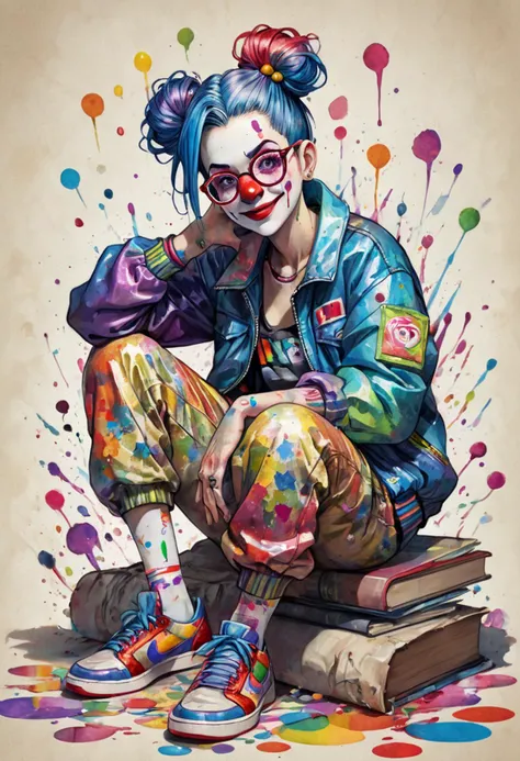 illustration of an adult clown, red plastic nose, white face paint, wearing a rainbow-colored sequined jacket,patchwork overalls,rainbow-colored shoes, blue hair in pigtails, oversized glasses, exaggerated eyebrows, floral ornamentel , whimsical spirals, watercolor painting, (on old, dirty parchment: 1.2), wrinkled and cracked parchment, ink splashes, dripping ing, ink stains, ink smears, intricate details, ultra sharp