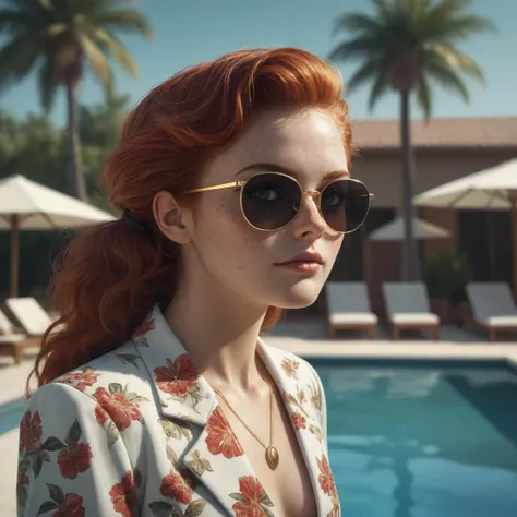 1980's photograph of a beautiful red haired woman stands by the pool, freckles, gold glasses, stylish, model pose, insanely detailed, depth of field. source_photorealistic , in the style of 1980's fashion, skin detail, photoreal textures, atmospheric and aesthetic