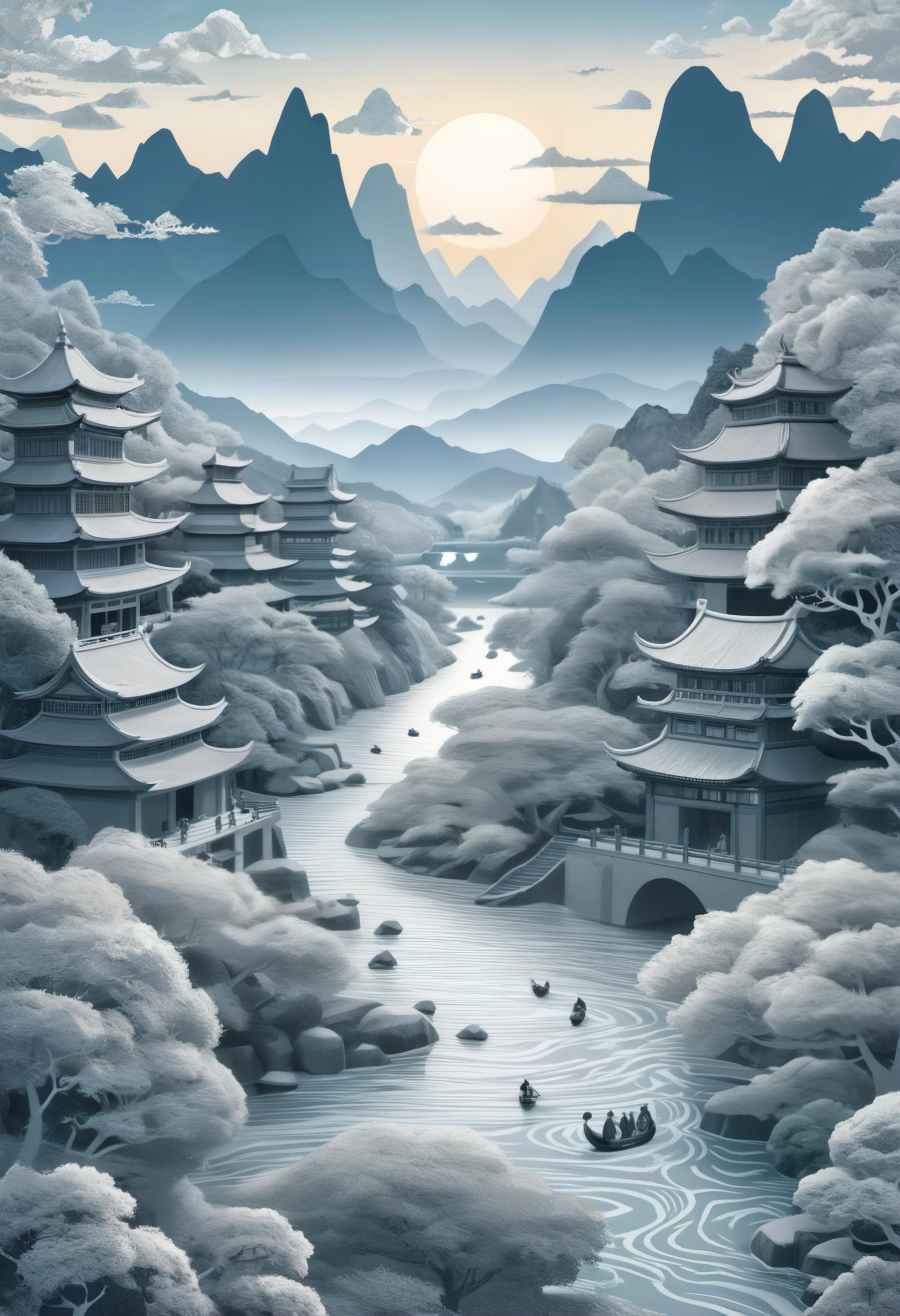 (monochromatic, light grey and white:1.35), score_9, score_8_up, score_7_up, (Intricate paper-cut landscapes:1.5) in the Journey to the West scene, replacing trees or buildings with different figures and creatures. Ahead was a river flowing into the sea, and two moons could be seen in the sky. The four masters and apprentices walked on it, surrounded by clouds, overlooking it all. White color, warm light shines in. There were some people walking around the scene. The picture details are rich and colorful, the paper-cut level is richer, more three-dimensional, with the style of Chinese paper-cut artists