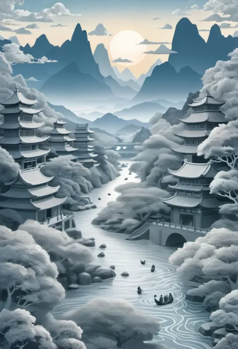 (monochromatic, light grey and white:1.35), score_9, score_8_up, score_7_up, (Intricate paper-cut landscapes:1.5) in the Journey to the West scene, replacing trees or buildings with different figures and creatures. Ahead was a river flowing into the sea, and two moons could be seen in the sky. The four masters and apprentices walked on it, surrounded by clouds, overlooking it all. White color, warm light shines in. There were some people walking around the scene. The picture details are rich and colorful, the paper-cut level is richer, more three-dimensional, with the style of Chinese paper-cut artists