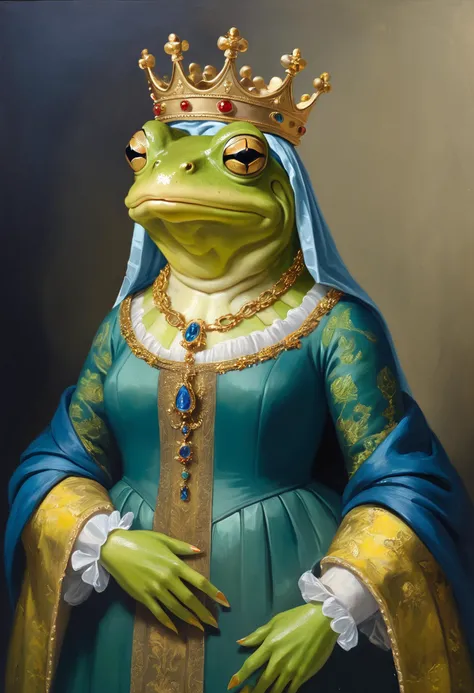 frog mona lisa, she is a frog, detailed oil painting, classical, masterpiece, fine detail, brush strokes, perfection, ugly, arms at side, royal clothing, crown, reflective golden jewelry, necklaces.
