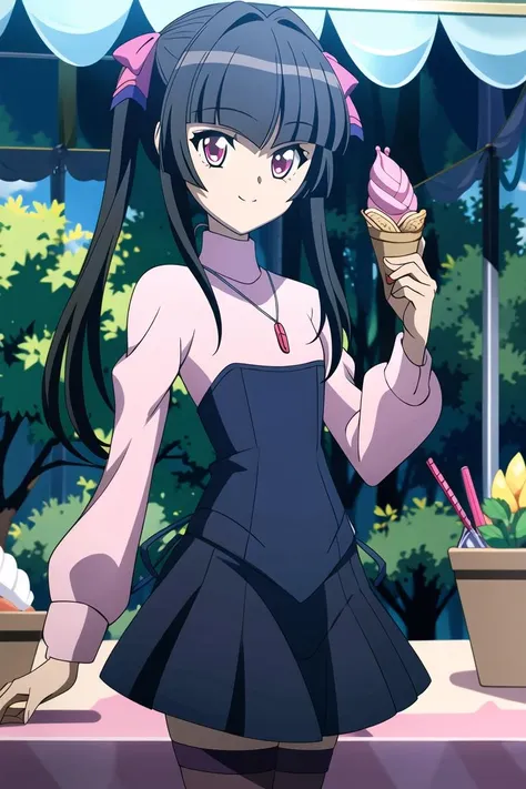 gdress, turtleneck, pendant, pigtails, cowboy shot, looking at viewer, smile, holding icecream cone, market, outdoors, day,  (masterpiece, best quality, highres:1.2), perfect face, perfect lighting, highly detailed textures, skin indentation, best illumination, extremely detailed CG, best shadow, hyper detailed background,  <lora:G-Shirabev2-000009:1>