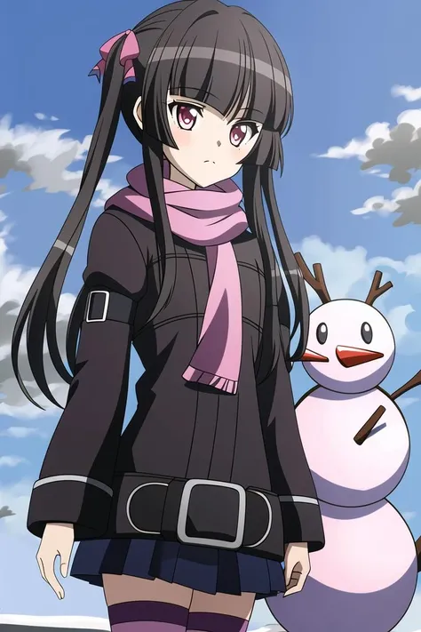 wide shot, gwinter, pigtails, scarf, full body, looking at viewer, closed mouth, frown, (winter, snowman:1.2), outdoors, sky, (masterpiece, best quality, highres:1.2), perfect face, perfect lighting, highly detailed textures, skin indentation, best illumination, extremely detailed CG, best shadow, hyper detailed background, <lora:G-Shirabev2-000009:0.9>