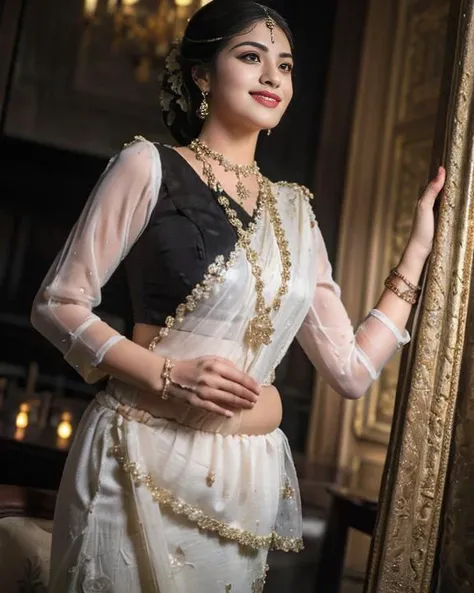 ((best quality)),((masterpiece)),(photorealistic:1.4),1girl,light smile,black saree,waist up,dramatic lighting,from below,<lora:KandyanDress_V2:0.8>,