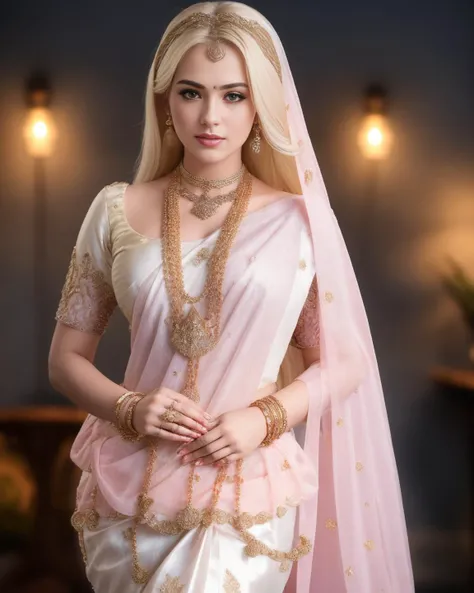 Full body shot, ((8k portrait of young adult female, pale white skin, masterpiece)), medium bust, long hair, blonde, (beautiful eyes), fantasy, elegant, mystic, potion shop, outdoor, medieval, ornaments, long pendant necklace, magical, award winning, painting by top artists, cinematic, detailed accessories, strong collarbone, cold lighting, (professional lighting), natural beauty, <lora:KandyanDress_V1:0.8>, pink saree,