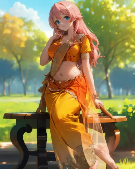 masterpiece, best quality, intricate detail, perfect anatomy, noon, vivid colors, detailed lighting, detailed skin, detailed face 1girl, solo, long gradient pink hair, large breasts, (wide hips:1.2), sitting, smile, looking at viewer, outside, near tree, (at picnic), pov, full body visible, barefoot, looking at viewer, facing viewer, perfect eyes, gradient blue eyes, ((ichinose honami)), <lora:KandyanDress_V1:0.8>, orange saree,