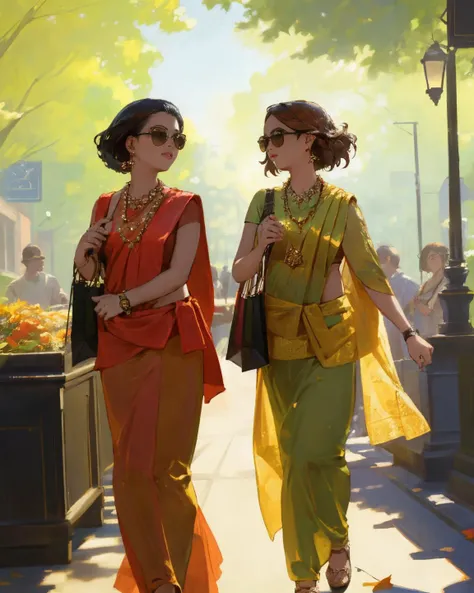 2girls, masterpiece, highres, highest quality, intricate detail, best texture, realistic, 8k details, soft light, perfect shadow, sunny, modern city, crowding street, stores, shopping, falling leaf, portrait, 1girl, fasion, big gold necklace, famous watch, sunglasses, walking, Luxury, street shot, <lora:KandyanDress_V1:0.8>, red saree,
