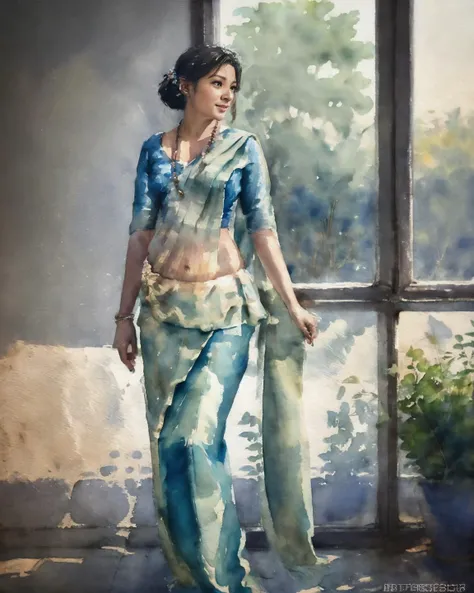medium shot, 30yo women, Raw photo, Masterpieces of watercolor painters, (watercolor:1.4), Characters, intricate details, illustrations:1.5, <lora:Colorwater_v4:0.8>, low saturation, Smile, <lora:KandyanDress_V1:0.9>, blue saree, 8k details, masterpiece, best quality, award winning photo, photorealistic, highly detailed, raw photo, realistic natural skin textures, rim light, hyperrealistic, low contrast, sharp focus, soothing tones, 8k details, intricate, low key, masterpiece, best quality, award winning photo, photorealistic, highly detailed, raw photo, realistic natural skin textures, rim light, hyperrealistic, low contrast, sharp focus, soothing tones, 8k details, intricate, low key
