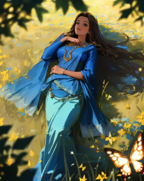 masterpiece, best quality, ultra-detailed, absurdres, 1girl, blue eyes, brown hair, long hair, wide-eyed, eyelashes, looking at viewer, field of flowers, on back, cowboy shot, fantasy landscape, leaves, dress, on floor, casual, lace, from above, medium breasts, knee socks, perspective, butterflies, smile, particles, <lora:KandyanDress_V1:0.8>, blue saree,