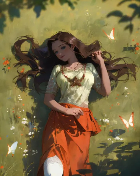 masterpiece, best quality, ultra-detailed, absurdres, 1girl, blue eyes, brown hair, long hair, wide-eyed, eyelashes, looking at viewer, field of flowers, on back, cowboy shot, fantasy landscape, leaves, dress, on floor, casual, lace, from above, medium breasts, knee socks, perspective, butterflies, smile, particles, <lora:KandyanDress_V1:0.8>, red saree,