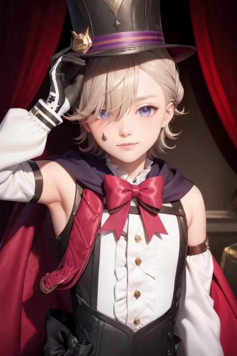 masterpiece, best quality, <lora:lyney:1>,lyney, top hat, hat, gloves, card, solo, playing card, black gloves, bow, male focus, 1boy, grey hair, curtains, black headwear, long sleeves, shirt, hair over one eye, white shirt, looking at viewer, bowtie, puffy long sleeves, cape, virtual youtuber, blue eyes, purple eyes, detached sleeves, one eye covered, red bow, upper body, bangs, puffy sleeves
