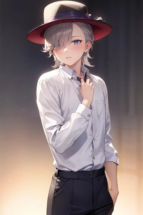 masterpiece, best quality, <lora:lyney:1>, hat, solo, 1boy,grey hair,hair over one eye,looking at viewer, blue eyes, purple eyes, suit,formal, white shirt,cowboy shot,
