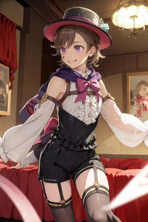 masterpiece, best quality, <lora:lyney:1>,lyney, 1boy,purple eyes, smile, 1girl, card, grin, shorts, bow, detached sleeves, brown hair, fire, hat, short hair, thighhighs,indoors
