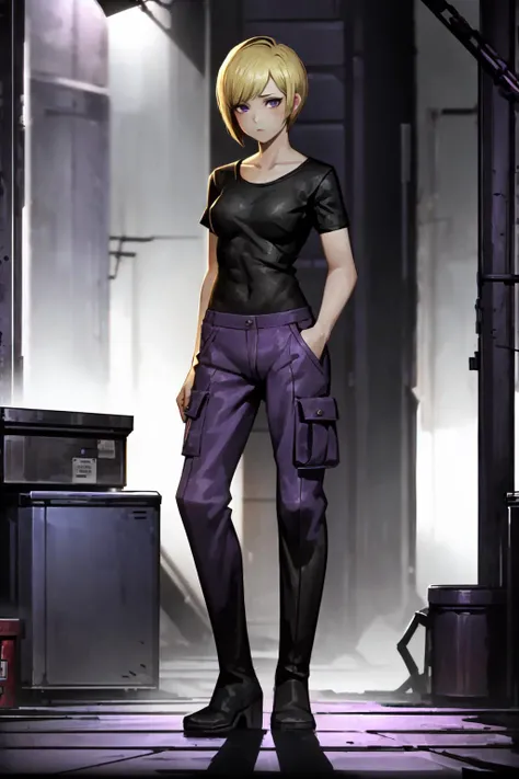 1girl,standing,full body,facing viewer,arms at side,t-shirt,cargo pants,very short hair,pixie cut,blonde hair,purple eyes,wearing leather boots,in garage,expressionless,small breasts