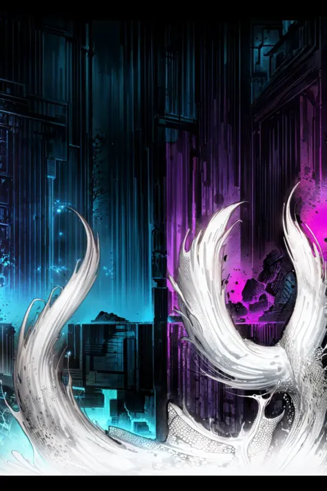 (abstract art:1.3),(psychedelic,futuristic:1.2),masterpiece, highly detailed 8k cg, best cinematic quality, volumetric lighting and shadows,perfect reflection,
(white theme:1.2), (fox theme:1.2),
(white long hair, 1 perfect girl with sexy body,perfect white fox ears,red glowing eyes, glowing body,kimono,1 perfect white fox tail,IncrsTailsFixer,smirk,canine tooth,perfect detail face,perfect detail hands,perfect detail fingers :1.43),
(only use 3 colors,white,black,garnet),
ultra high res, <lora:TailsFixer:0.6> IncrsTailsFixer,<lora:acid_fluid_lora:0.4> <lora:DarkIncursioStyle:0.4>, night, (dark environment) <lora:Gloomifier_V2_TheGlow:0.3> <lora:add_detail:1> <lora:Perfect fingers Lora:0.4>