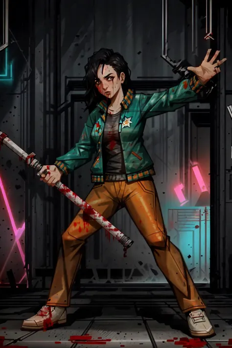 1girl,hlmcorey,teal jacket,orange pants,white shirt,raised arms,fighting stance,holding metal pipe,dynamic pose,blood on face, <lora:HLMCorey-11:0.7>,in nightclub,neon,vaporwave,blood on floor,blood on walls,high detail,indoors, <lora:LORA-XenoDetailer-v2:0.1>