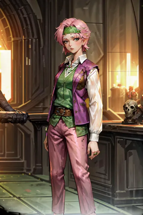 1girl,standing,full body,facing viewer,arms at side,heikevahs,green headband,vest,white shirt,pink vest,pink pants,(indoors,in skull temple:1.2), <lora:Heike-12:0.6>