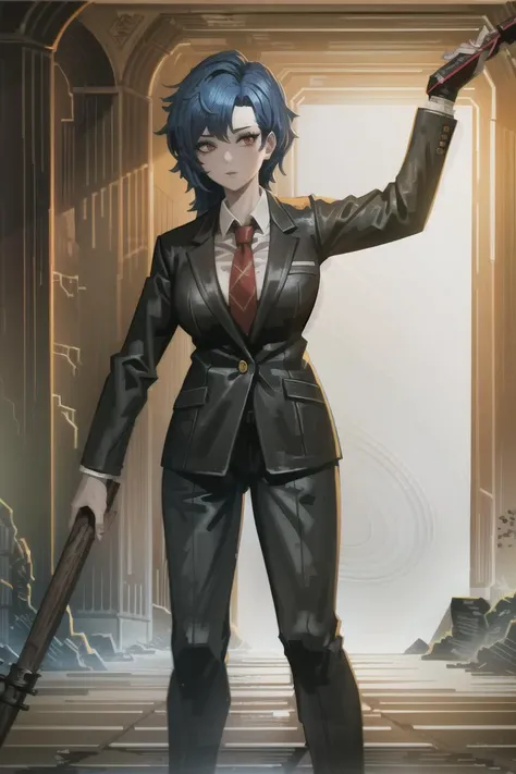 good detailed, (glowing background),
, masterpiece, best quality, wide-angle Hyperdetailed, masterpiece, 8k, natural lighting, soft lighting, sunlight, HDR (High Dynamic Range), Maximum Clarity And Sharpness, Multi-Layered Textures,
1girl, blue hair, red eyes, black suit, formal suit, red necktie, best quality, masterpiece, high resolution