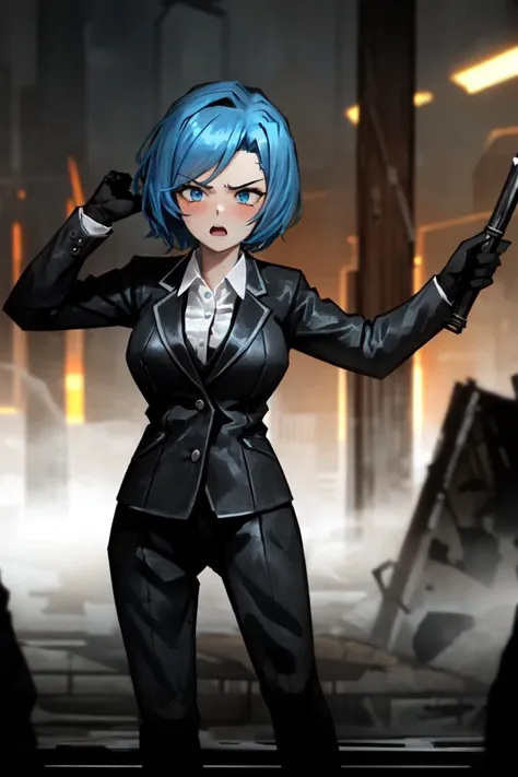 1girl, sky blue hair, blue eyes, black suit, holding weapon, action, motion blur, alternate pose, dynamic angle, (angry:0.8), best quality, masterpiece, high resolution