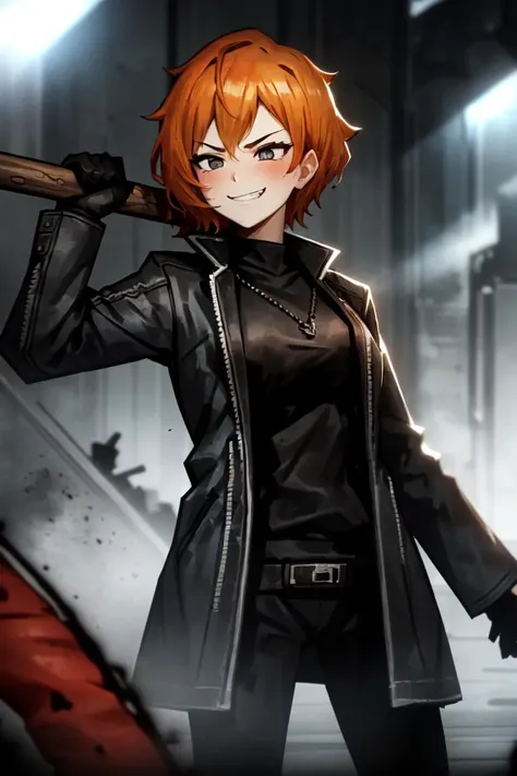 1girl, orange hair, gray eyes, coat, holding weapon, action, motion blur, alternate pose, dynamic angle, smirk, best quality, masterpiece, high resolution