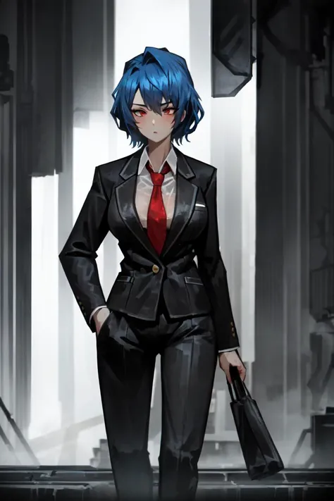 1girl, blue hair, red eyes, black suit, formal suit, red necktie, best quality, masterpiece, high resolution