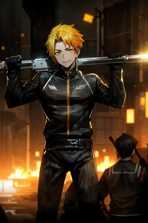 1man, yellow hair, orange eyes, tactical suit, holding weapon, action, motion blur, alternate pose, dynamic angle, light smile, best quality, masterpiece, high resolution