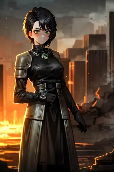 1girl, black hair, green eyes, armored dress, outdoors, best quality, masterpiece, high resolution