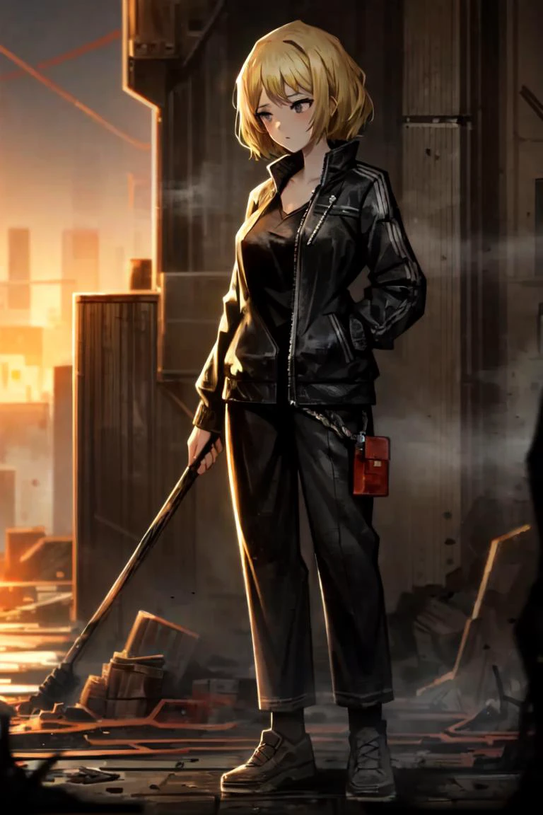 1girl, blonde hair, black eyes, hose, outdoors, best quality, masterpiece, high resolution