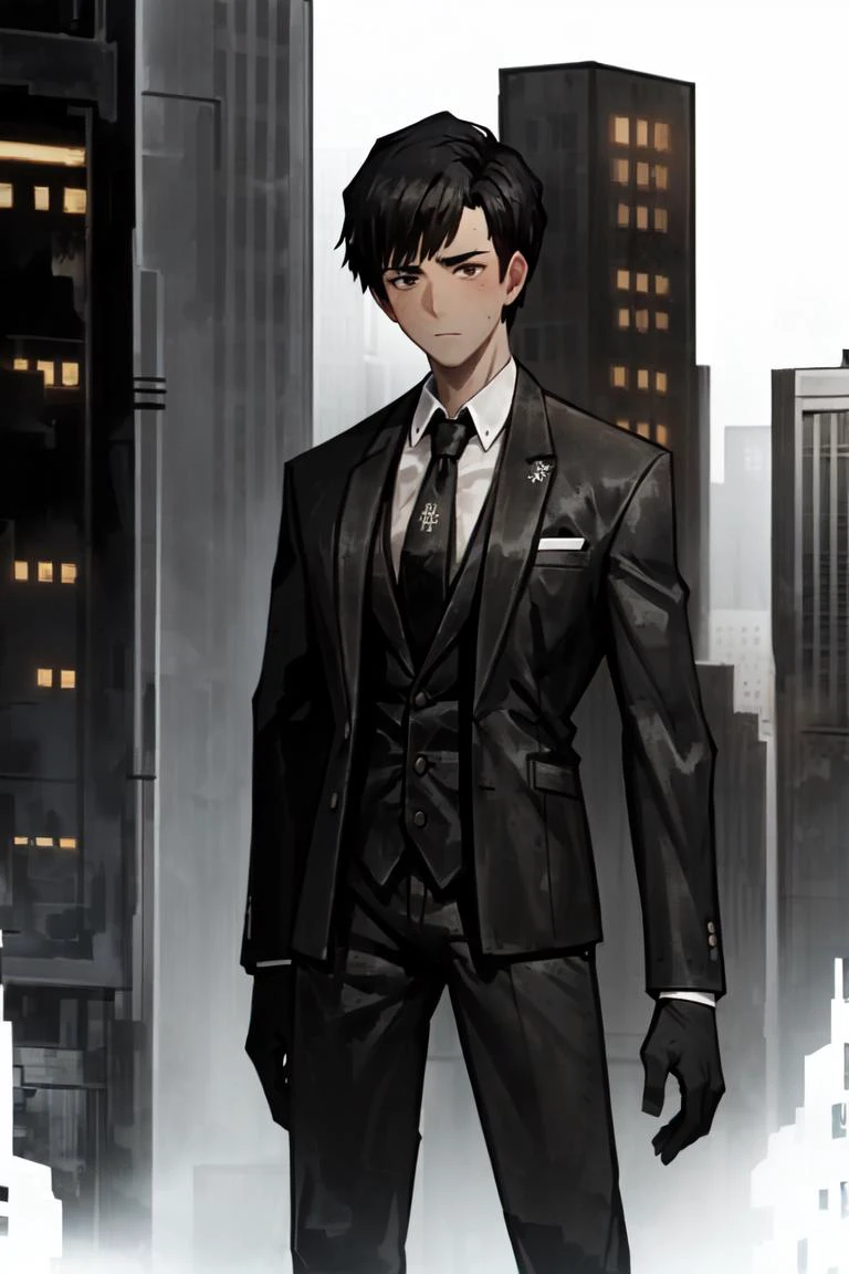 1man, black hair, short hair, black suit, formal suit, black necktie, white shirt, black gloves, city, city background, dark, best quality, masterpiece, high resolution