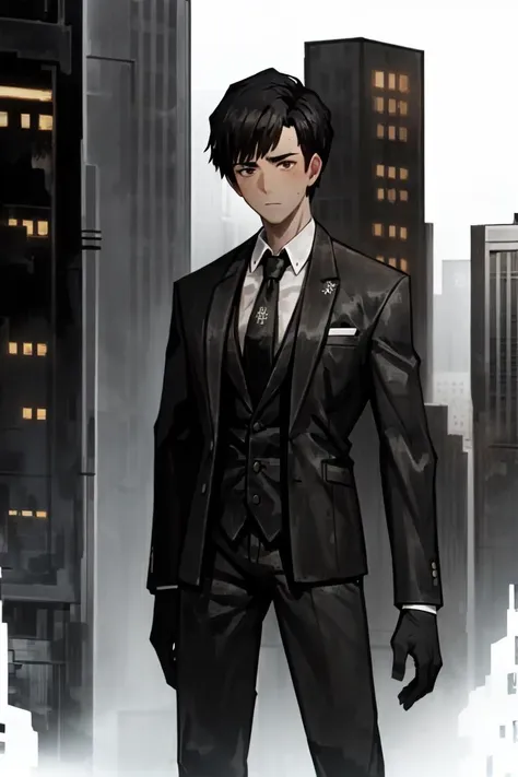 1man, black hair, short hair, black suit, formal suit, black necktie, white shirt, black gloves, city, city background, dark, best quality, masterpiece, high resolution