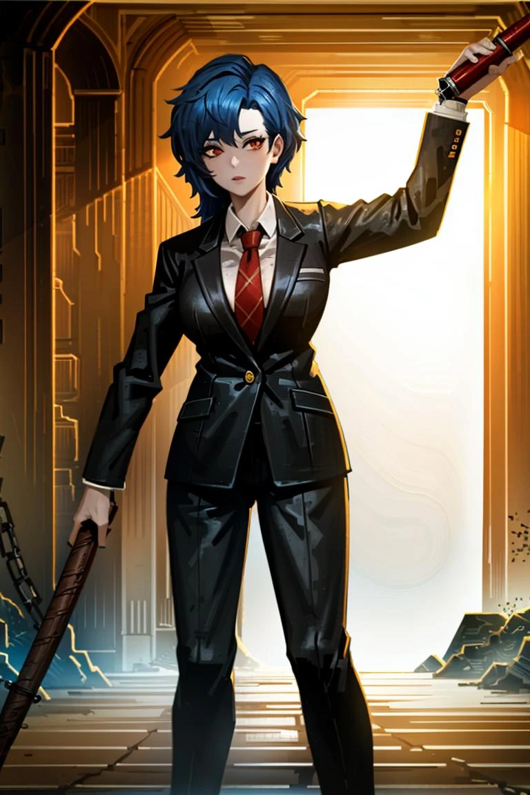 good detailed, (glowing background),
, masterpiece, best quality, wide-angle Hyperdetailed, masterpiece, 8k, natural lighting, soft lighting, sunlight, HDR (High Dynamic Range), Maximum Clarity And Sharpness, Multi-Layered Textures,
1girl, blue hair, red eyes, black suit, formal suit, red necktie, best quality, masterpiece, high resolution