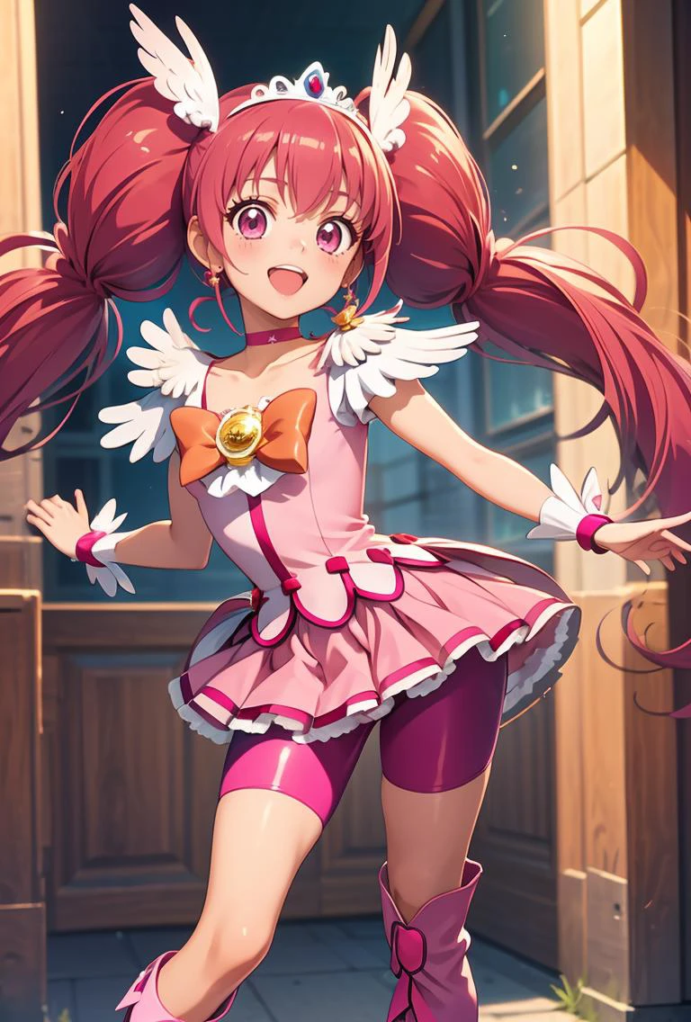 (masterpiece, best quality), 1girl, <lora:ãã¥ã¢ãããã¼ Cure Happy (Smile Pretty Cure):0.8> happy_a, Long red hair, pink eyes, long twin tails, low twintails, , feather hair ornament, tiara, pink choker, cure happy costume, pink shorts under skirt, pink shorts, boots,