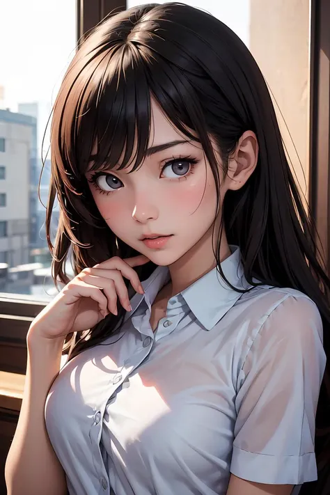 (((Shooting from a low angle below))), a girl in blouse and pleated skirt, showing her underwear, long stockings or pantyhose, (???????), camel toe, sexy underwear, medium breasts, spread legs, (very detailed), ((perfectly detailed face)), (detailed face), (detailed hand), (detailed hand), photorealistic image.