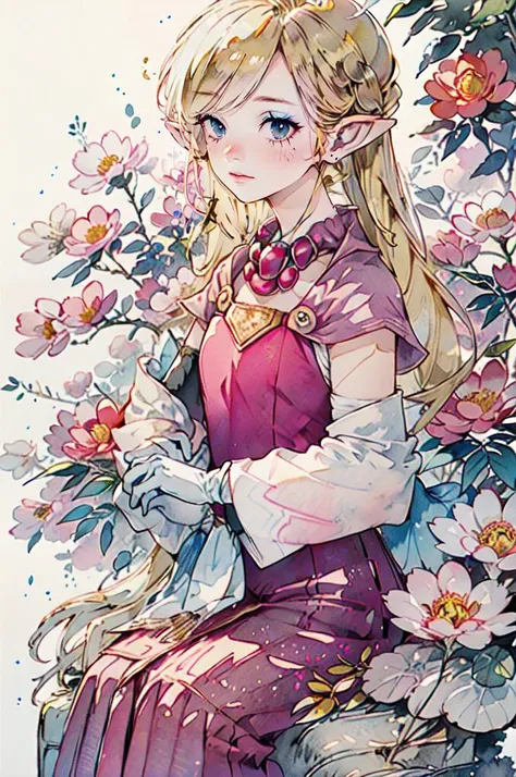 <lora:doukou:0.7> ink, watercolor, <lora:toonzelda-10:0.8> toon zelda, blue eyes, black eyes long hair, blonde hair, pointy ears, makeup, elbow gloves, dress, pink dress, white gloves, jewelry,, ultra detailed, masterpiece, best quality, aesthetic, detailed,