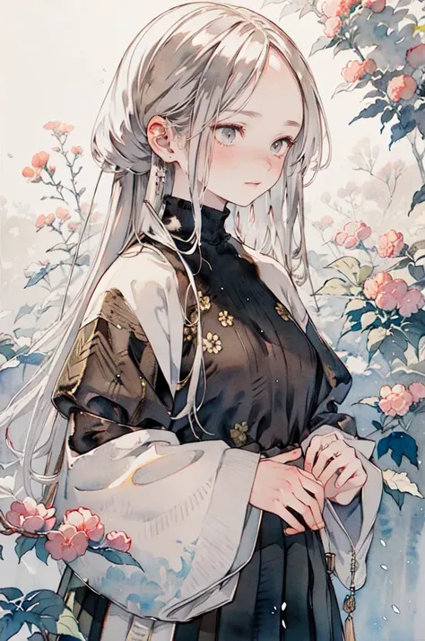 <lora:doukou:0.7> ink, watercolor,, ultra detailed, masterpiece, best quality, aesthetic, detailed,, serious, 1girl, (white eyes:1.1), (grey eyes:1.3), white hair, very long hair, parted hair, parted bangs, <lora:parted_hair_v1.3:1.3>, medium breasts,